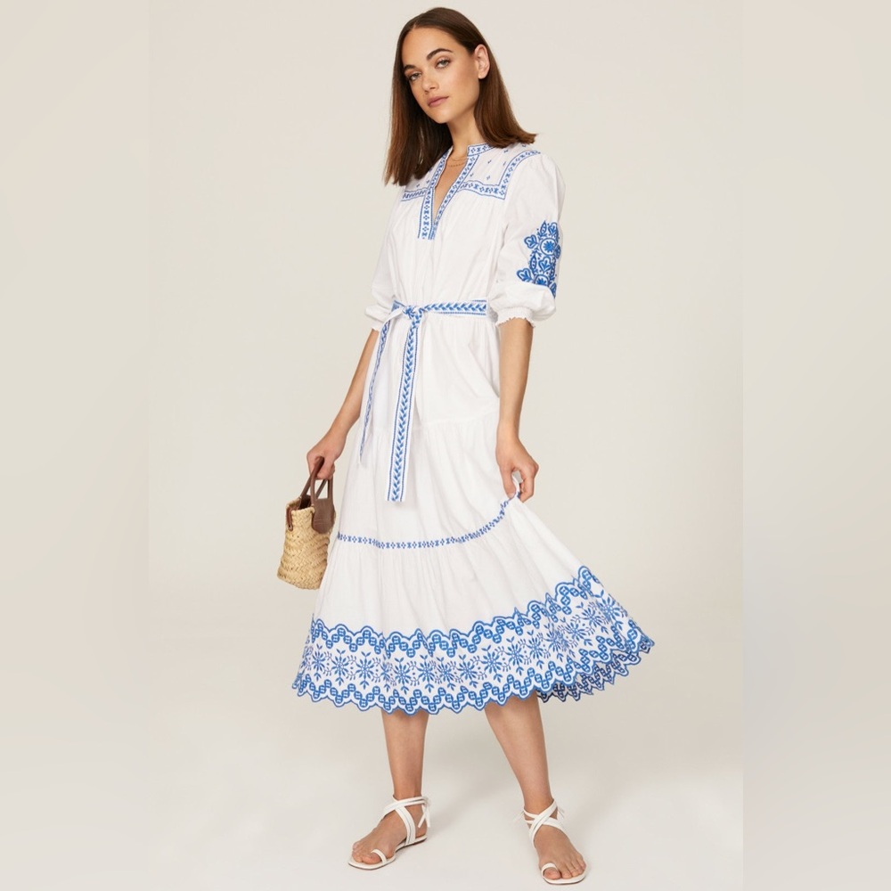 Shoshanna Leilani Dress Optic‎ White Blue Embroidered Midi Dress size 4